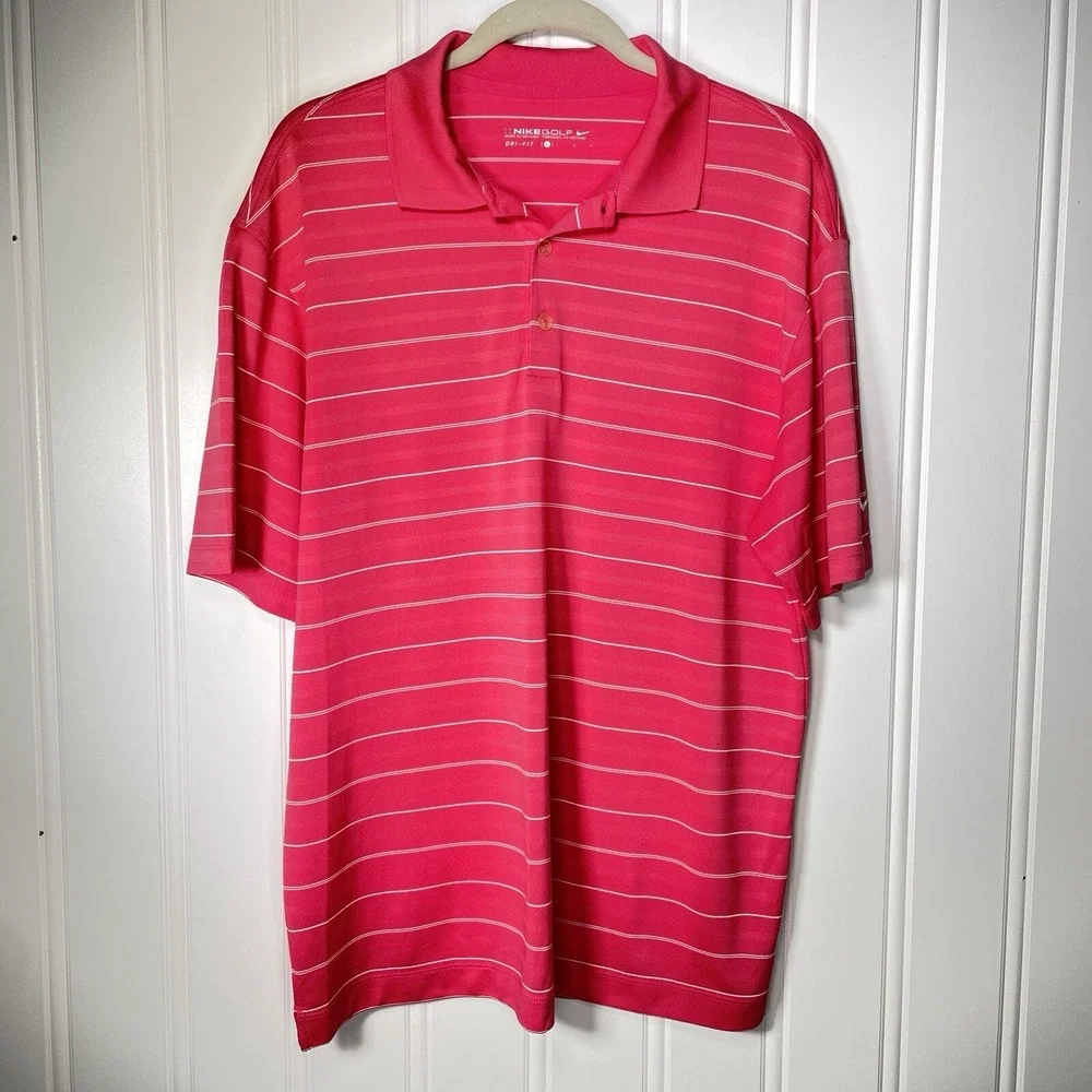 Nike‎ Golf Polo Large Dri Fit Performance Pink Striped Wicking Short Sleeve Mens